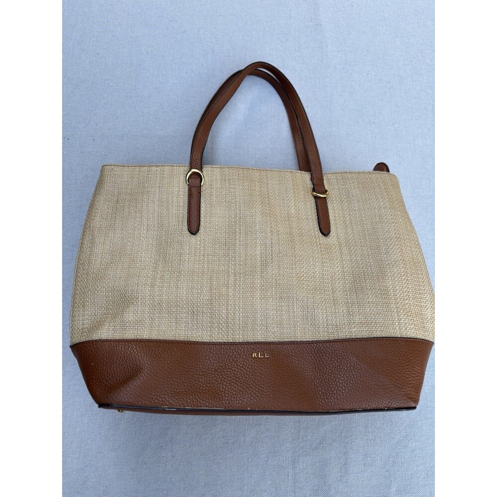 Lauren Ralph Lauren Beige/Brown Tote Zip Top Logo Gold Hardware Lined Pockets